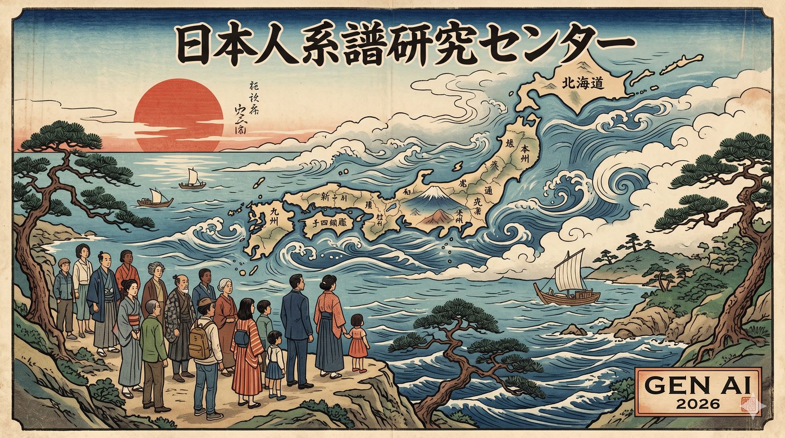 Ukiyo-e style illustration of the Japanese archipelago with a multigenerational group looking out across the sea.